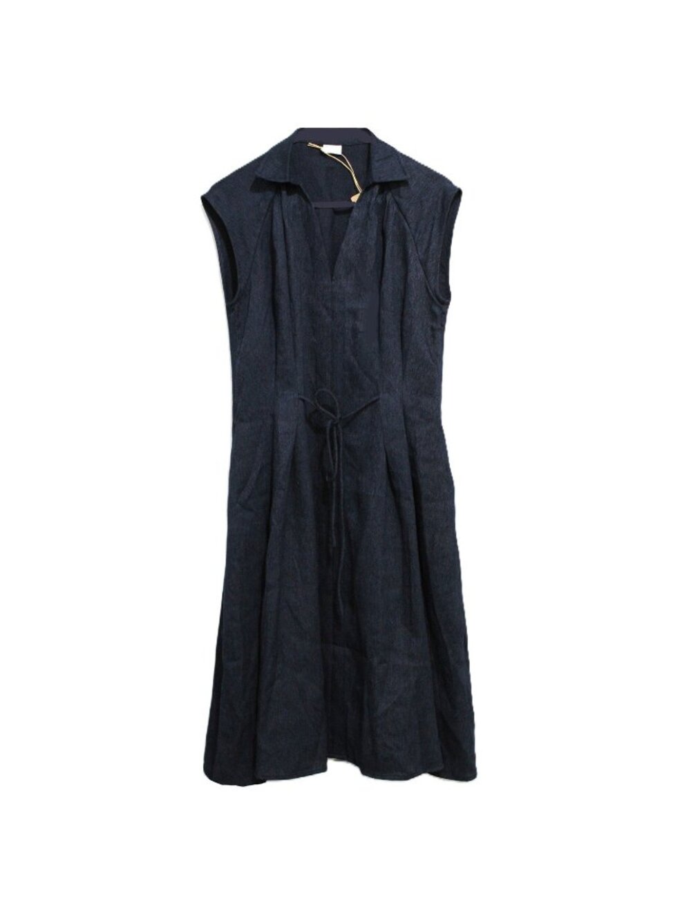 OGL Move Viscose-Linen Collared V-neck Midi Dress Drawstring Denim Navy Medium - Picture 5 of 7